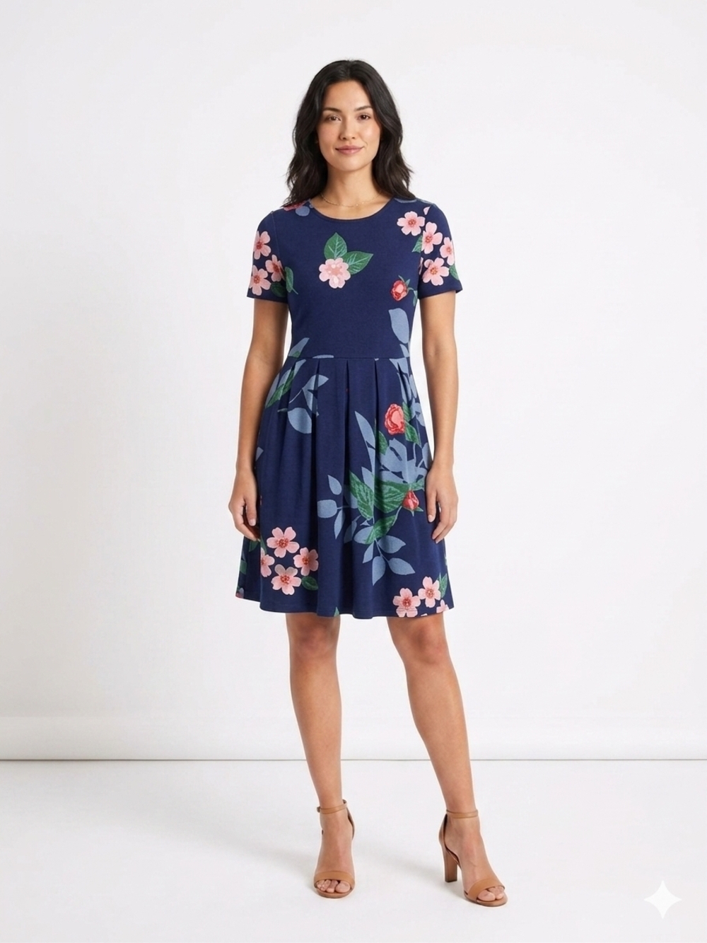 Floral Fit & Flare Dress - Navy with Pink Blossoms